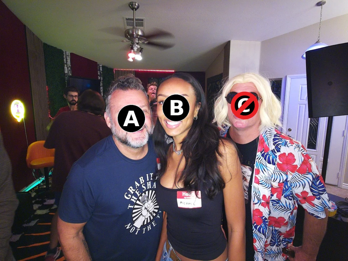 The same photo with a label on each face, marked keep or remove