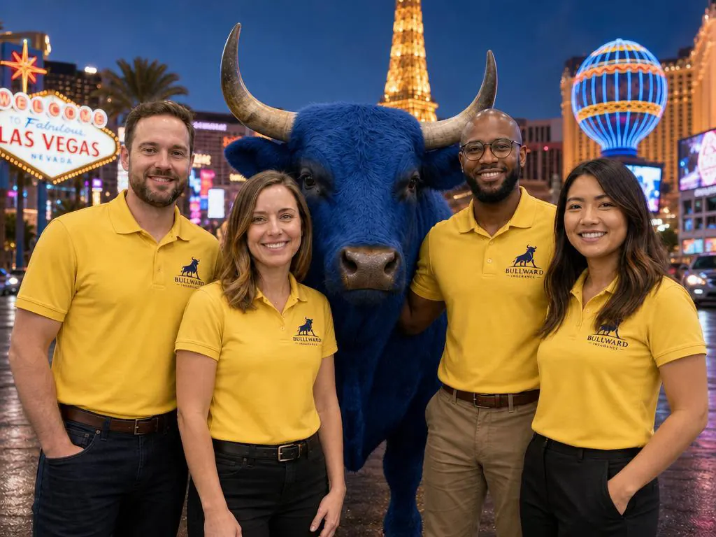 Custom AI photo built for Bullward Insurance — guests wearing yellow Bullward polos posing with the blue Bullward bull on the Las Vegas Strip