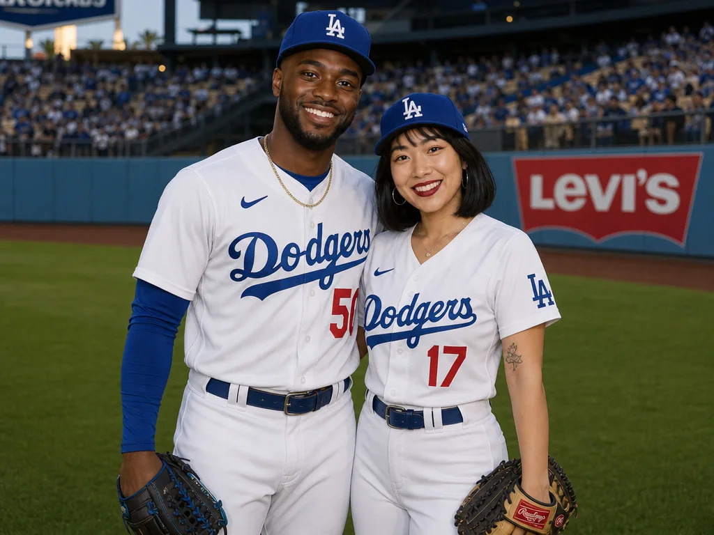 Sample AI souvenir photo of a couple in Dodgers uniforms on the field, with a Levi's sponsor logo on the outfield wall