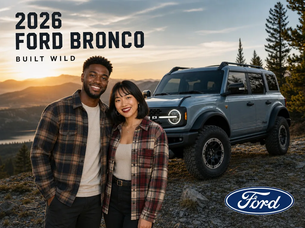 Sample AI souvenir photo of a couple standing next to a Ford Bronco SUV, styled as a 2026 Ford Bronco 'Built Wild' ad campaign